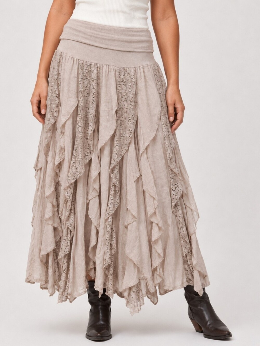 Cute Options Cotton Lace Ruffle Maxi Skirt Foldover Waist Boho Fairycore Tiered